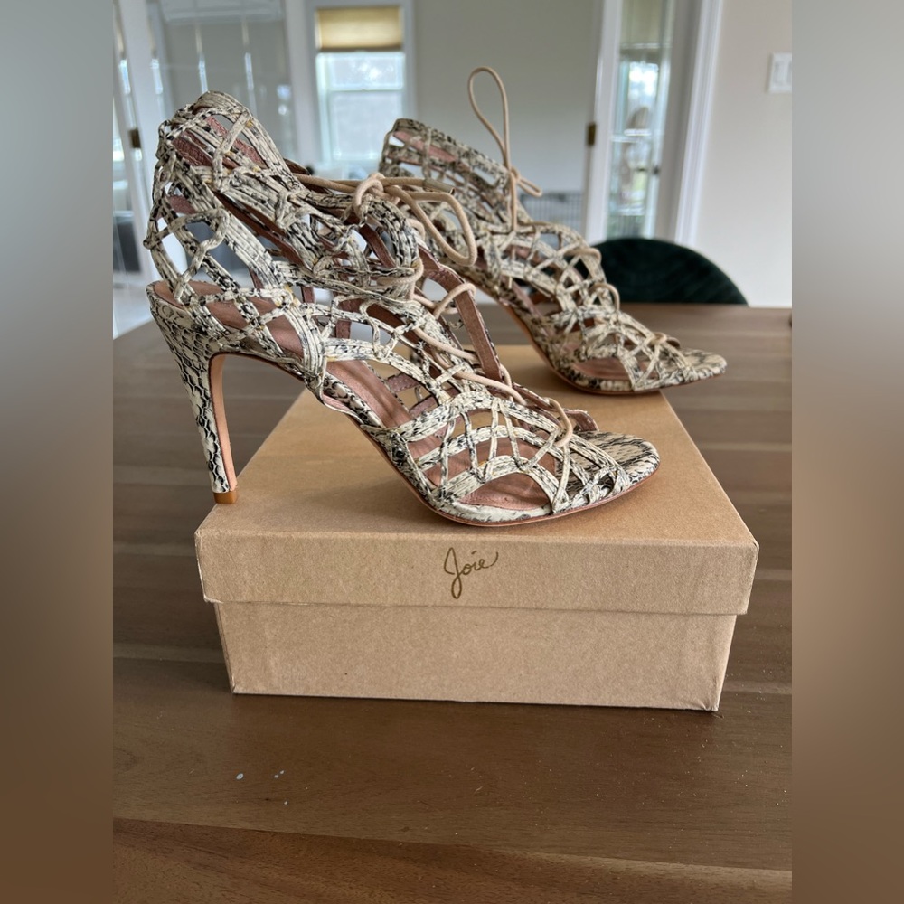 Joie Women’s Snake Print Lace Up Open Toe High Heels
